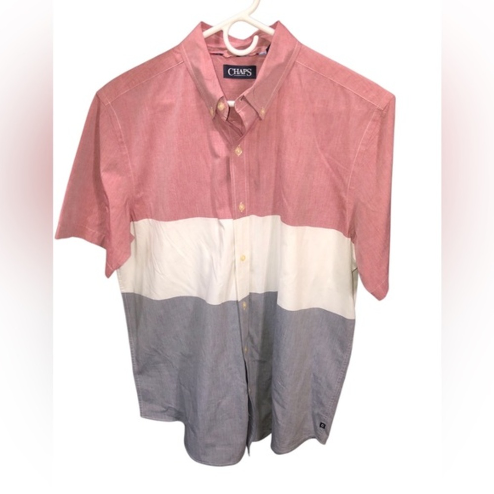 CHAPS MENS RED WHITE & BLUE SHORT SLEEVE COLOR BLOCKED COTTON SHIRT EUC